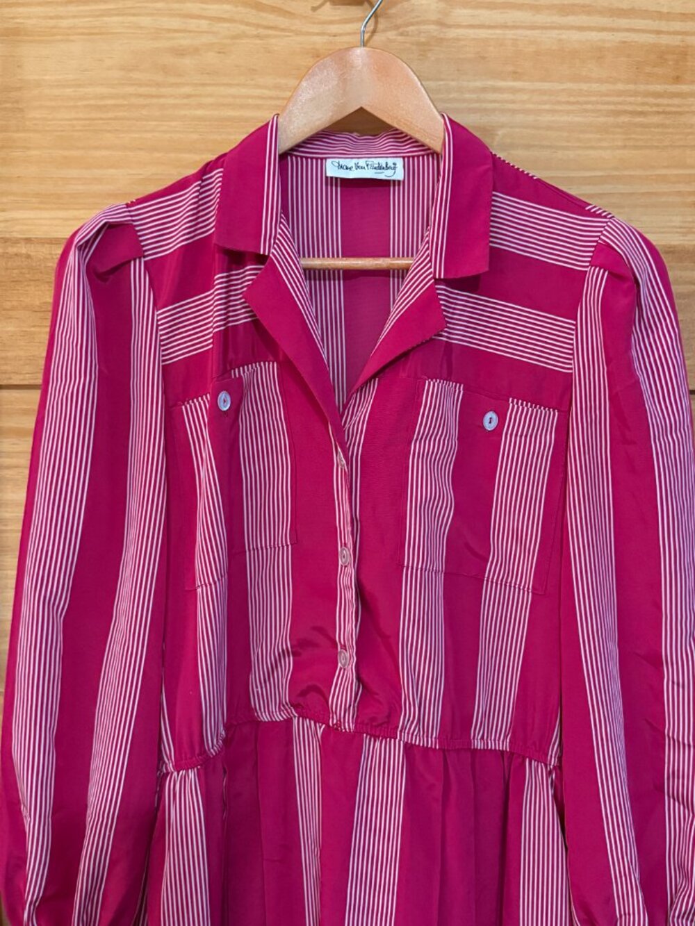 Vtg 80s Diane Von Furstenberg Tailored Pink Striped Midi Shirt Dress size 6 - Picture 3 of 7